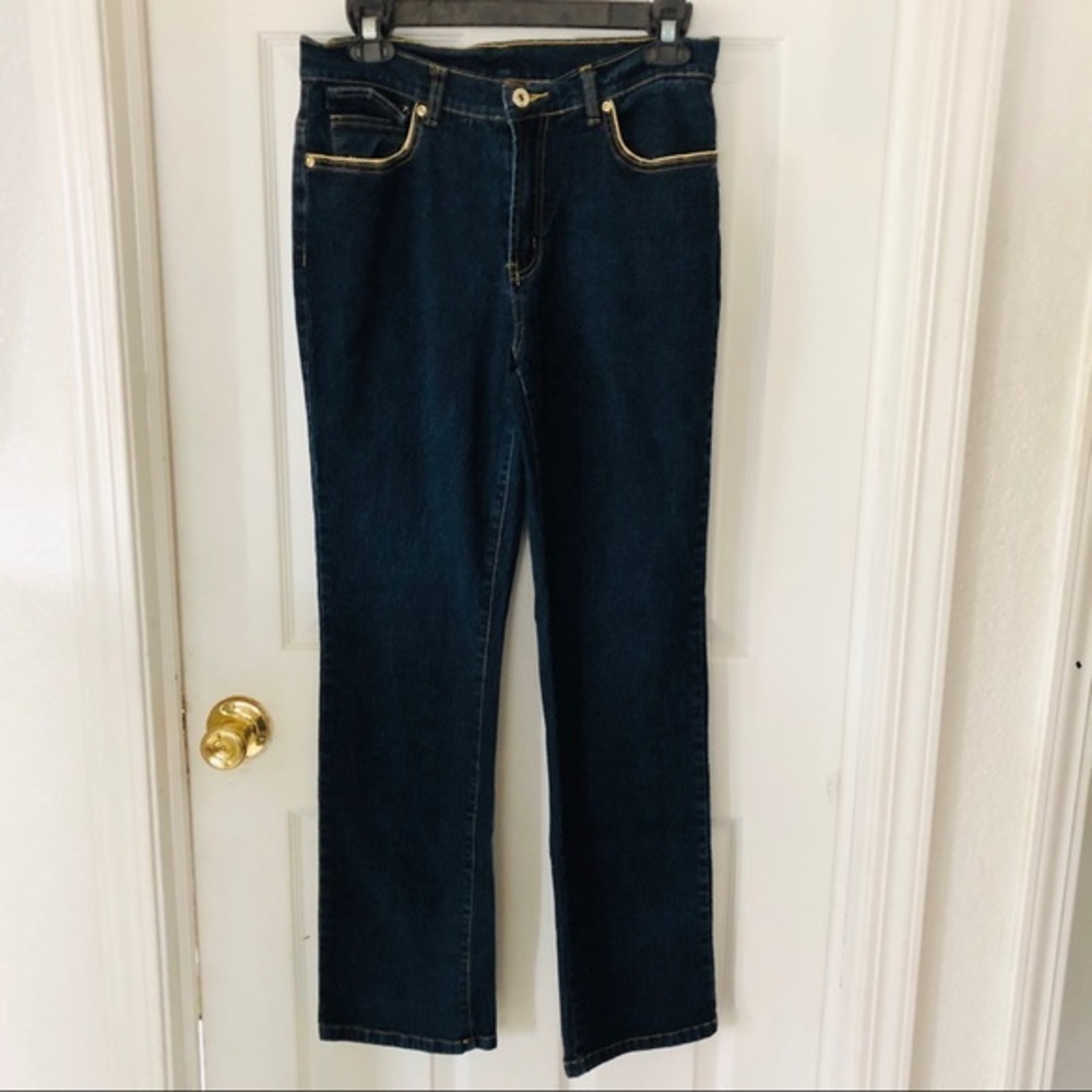 DIANE GILMAN stretchy boot cut gold trim cotton stretch jeans Size 8
